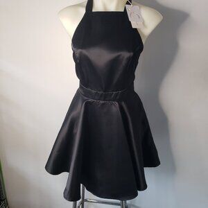 Shiny Black Satin Commense Flare Skirt Dress w Apron Front + Neck Ribbon